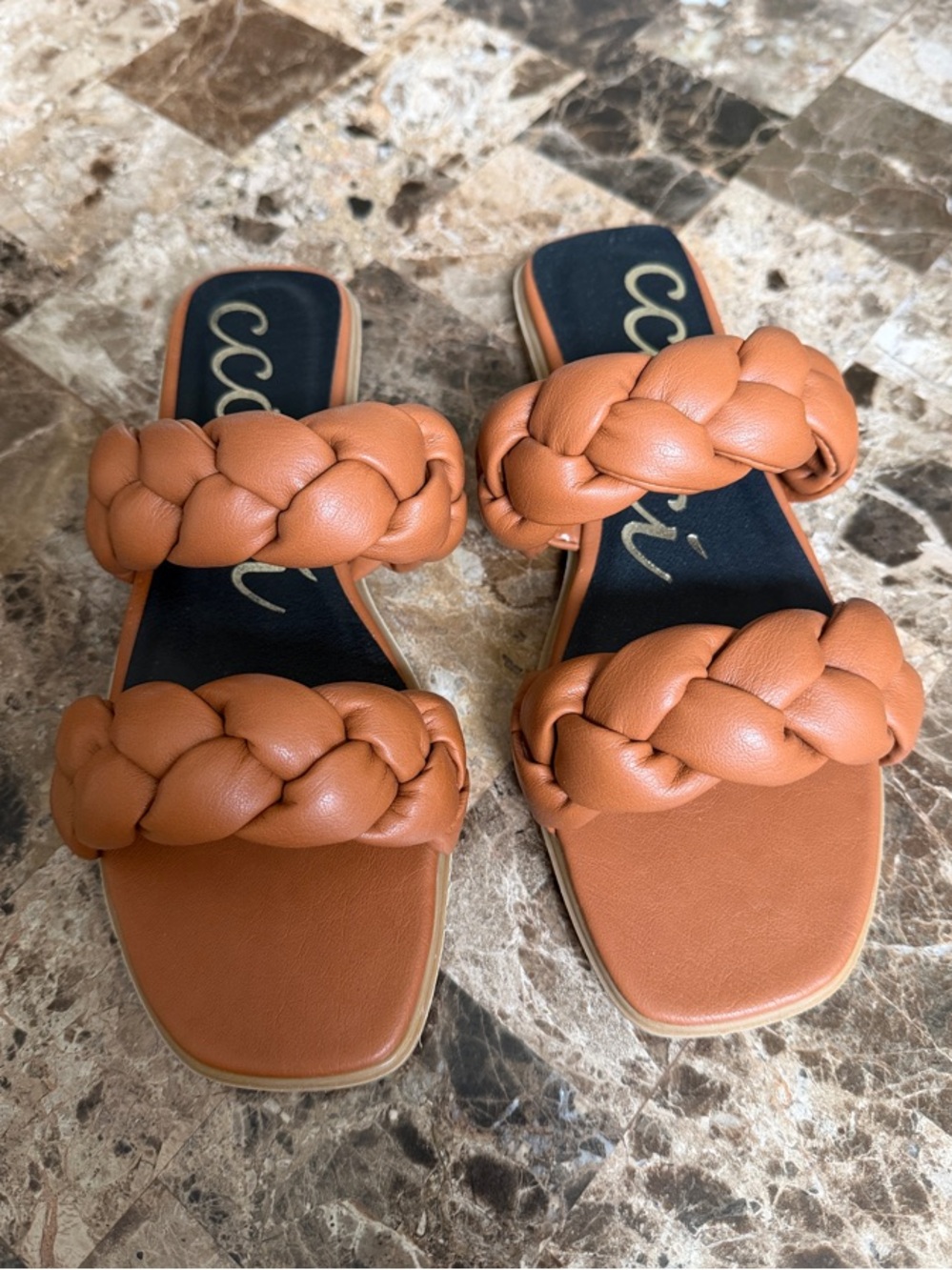 NIB CCOCCI Braided Double-Strap Tan Slide Sandals 6